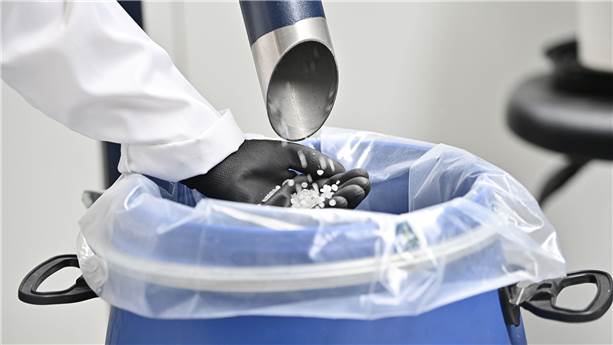 Densifier and pellets obtained after densification and extrusion on the CIRSEE PLASTlab platform, France